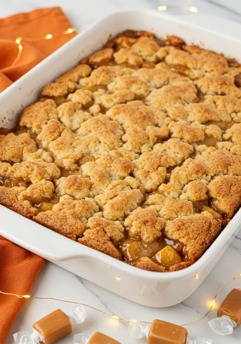 Caramel apple dump cake in a white pan and an orange napkin beneath it.