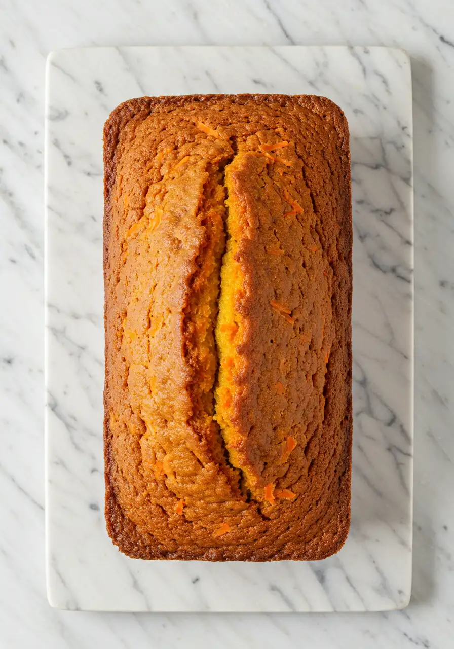Carrot Cake Loaf on a white rectangular marble plate.