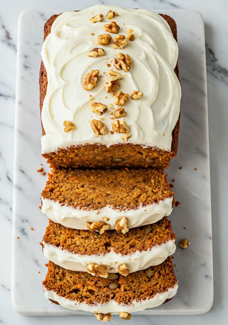 Carrot Cake Loaf with cream cheese frosting on a white rectangular marble plate.