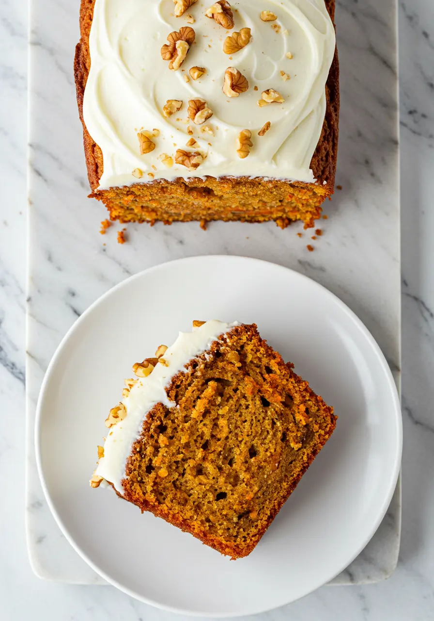 Carrot Cake Loaf with cream cheese frosting on a white rectangular marble plate with a slice removed and placed on a white plate.