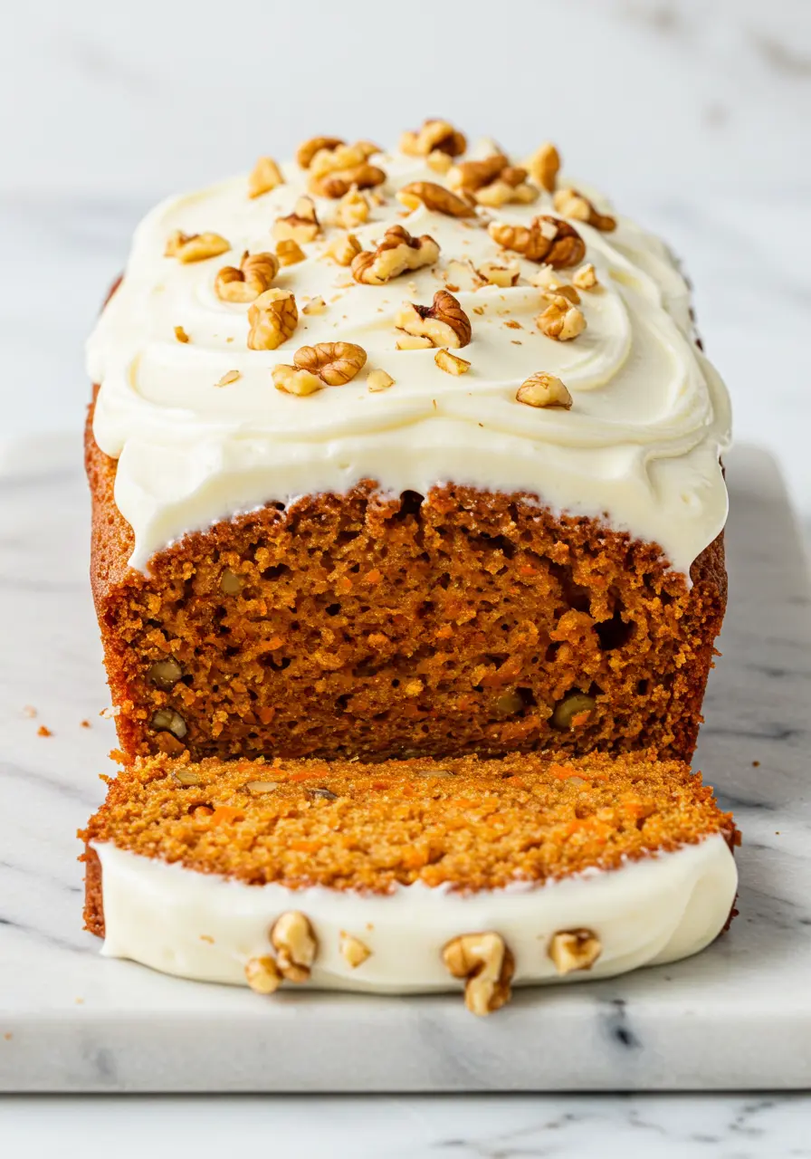 Carrot Cake Loaf with cream cheese frosting on a white rectangular marble plate against a white marble surface.