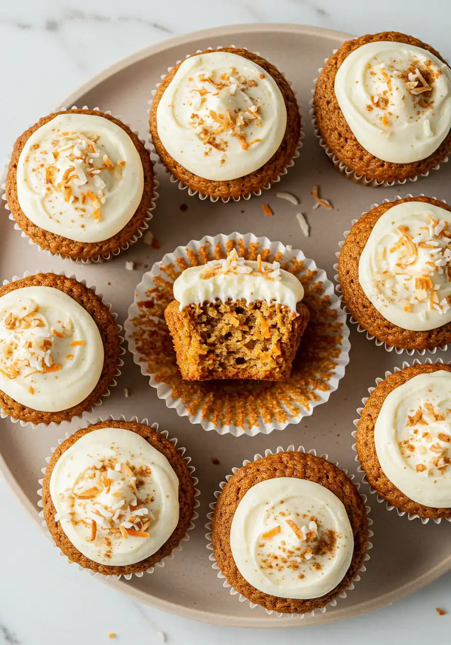 Carrot cake muffins on a light brown plate against a white marble surface.
