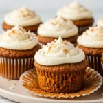 Carrot cake muffins on a light brown plate.