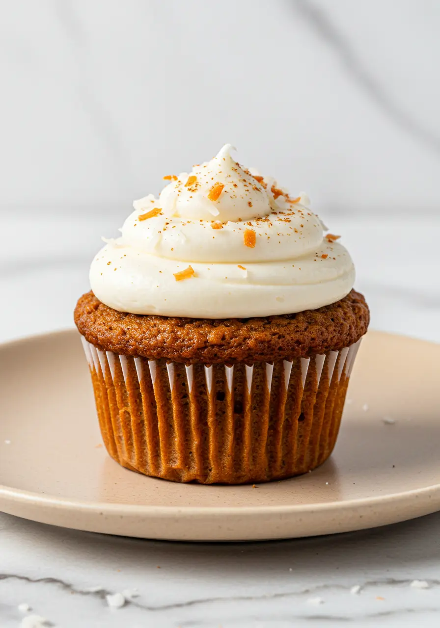 Single carrot cake muffin on a light brown plate.