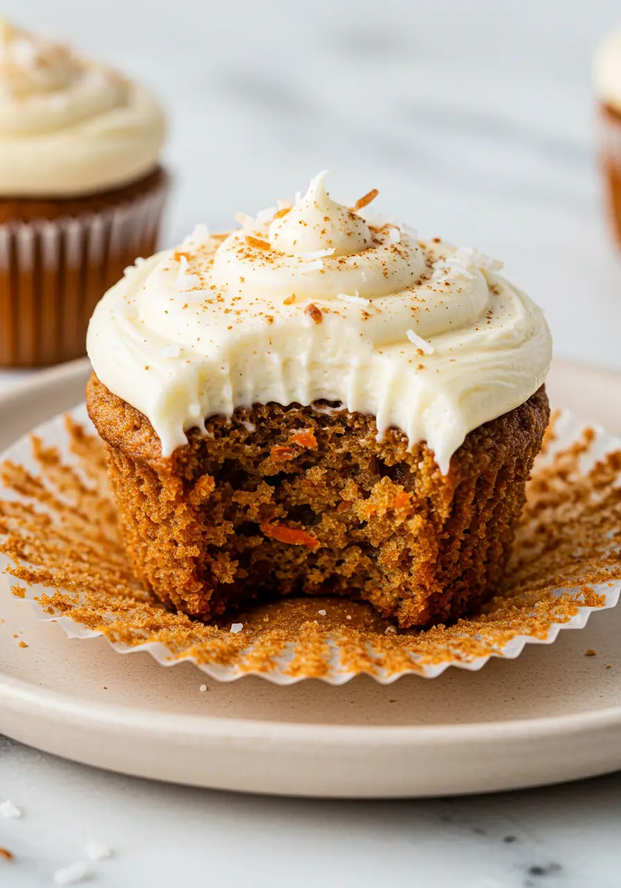 Single carrot cake muffin with a bite taken out of it.