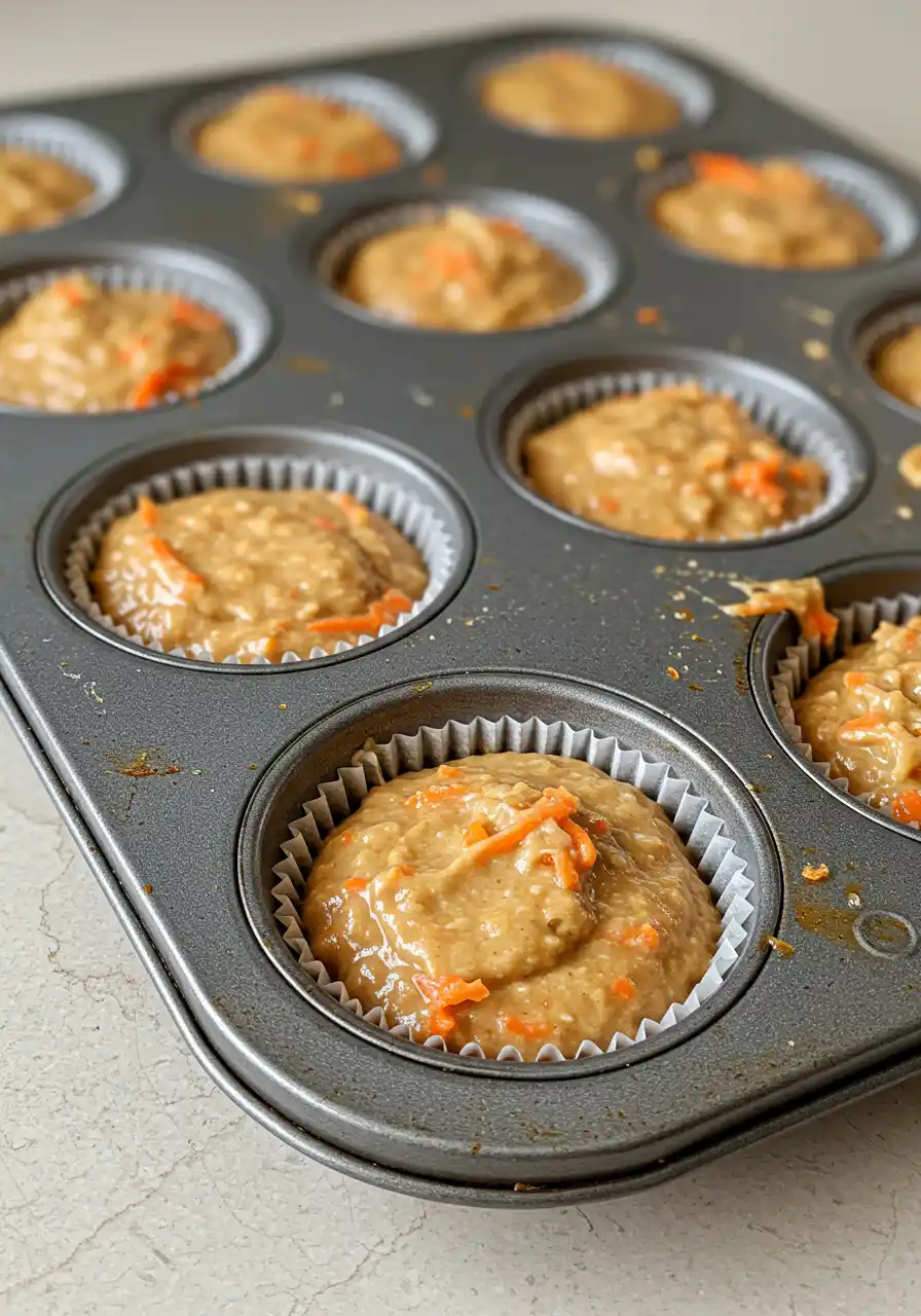 Muffins tin filled with carrot cake muffin batter ready to bake.