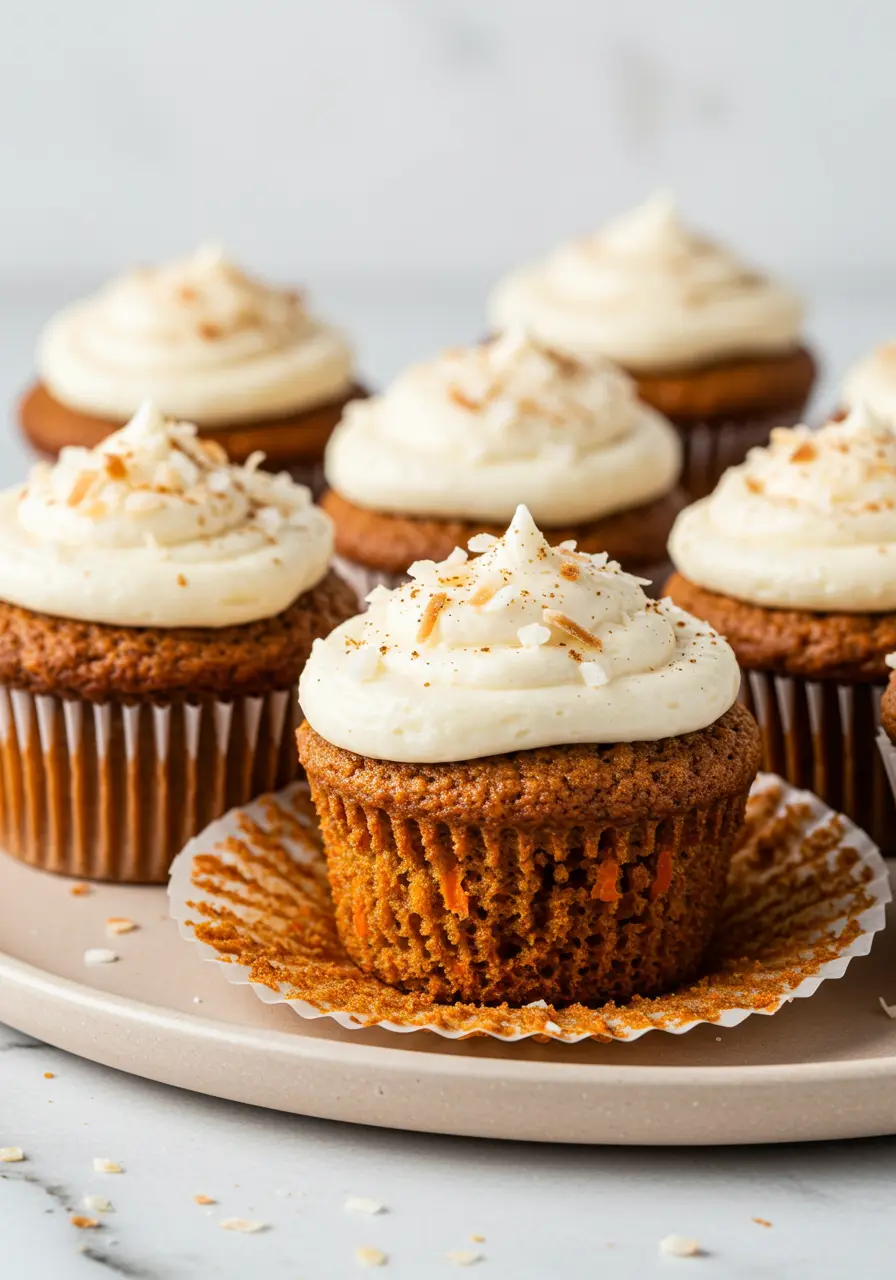 Carrot cake muffins on a light brown plate.