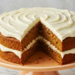 Carrot cake recipe displayed on a light orange cake stand, with a slice missing.