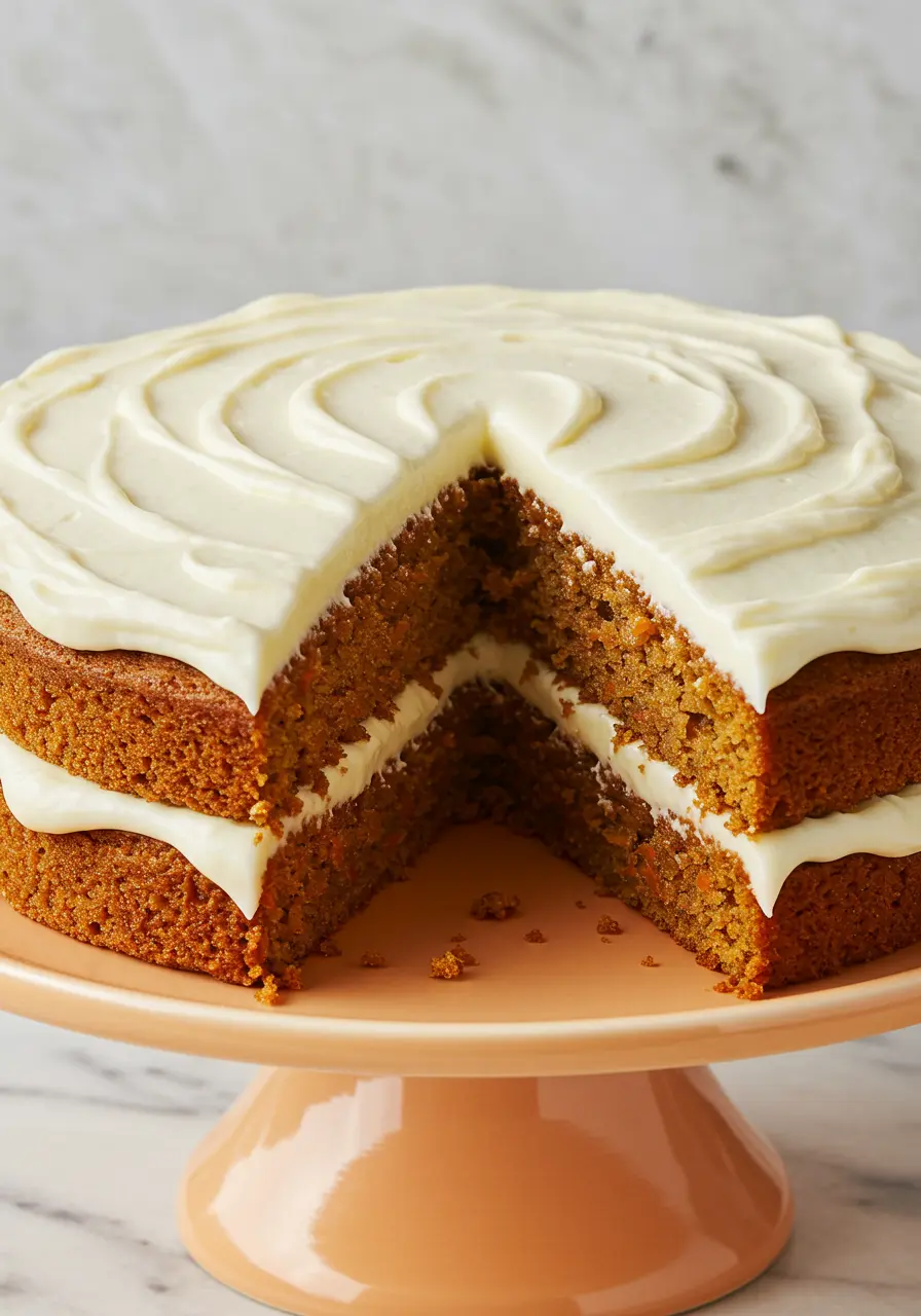 Carrot cake recipe displayed on a light orange cake stand, with a slice missing.