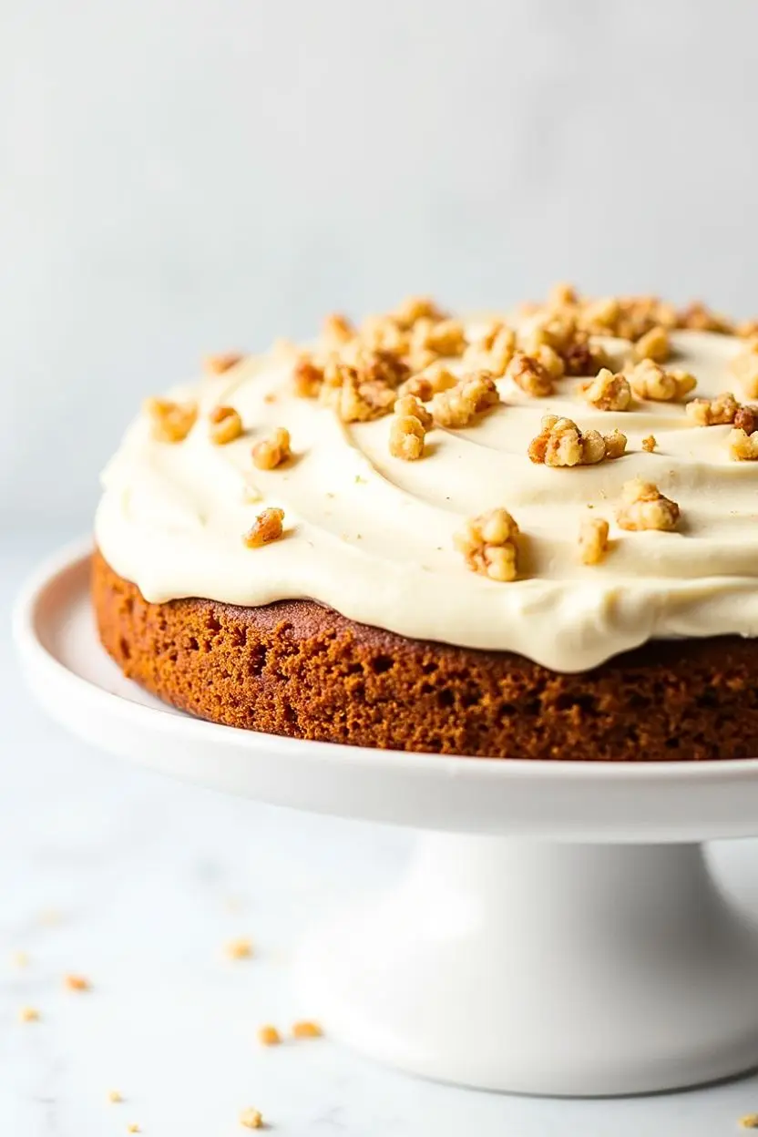 Carrot Cake with Cream Cheese Frosting on a white cake stand against white marble surface.