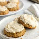 Carrot cake cookies with cream cheese on a white plate against a marble surface.