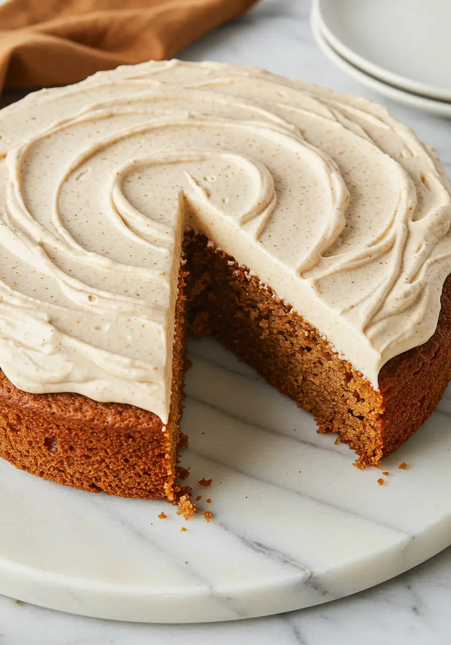 Chai cake on a marble plate with a slice missing.