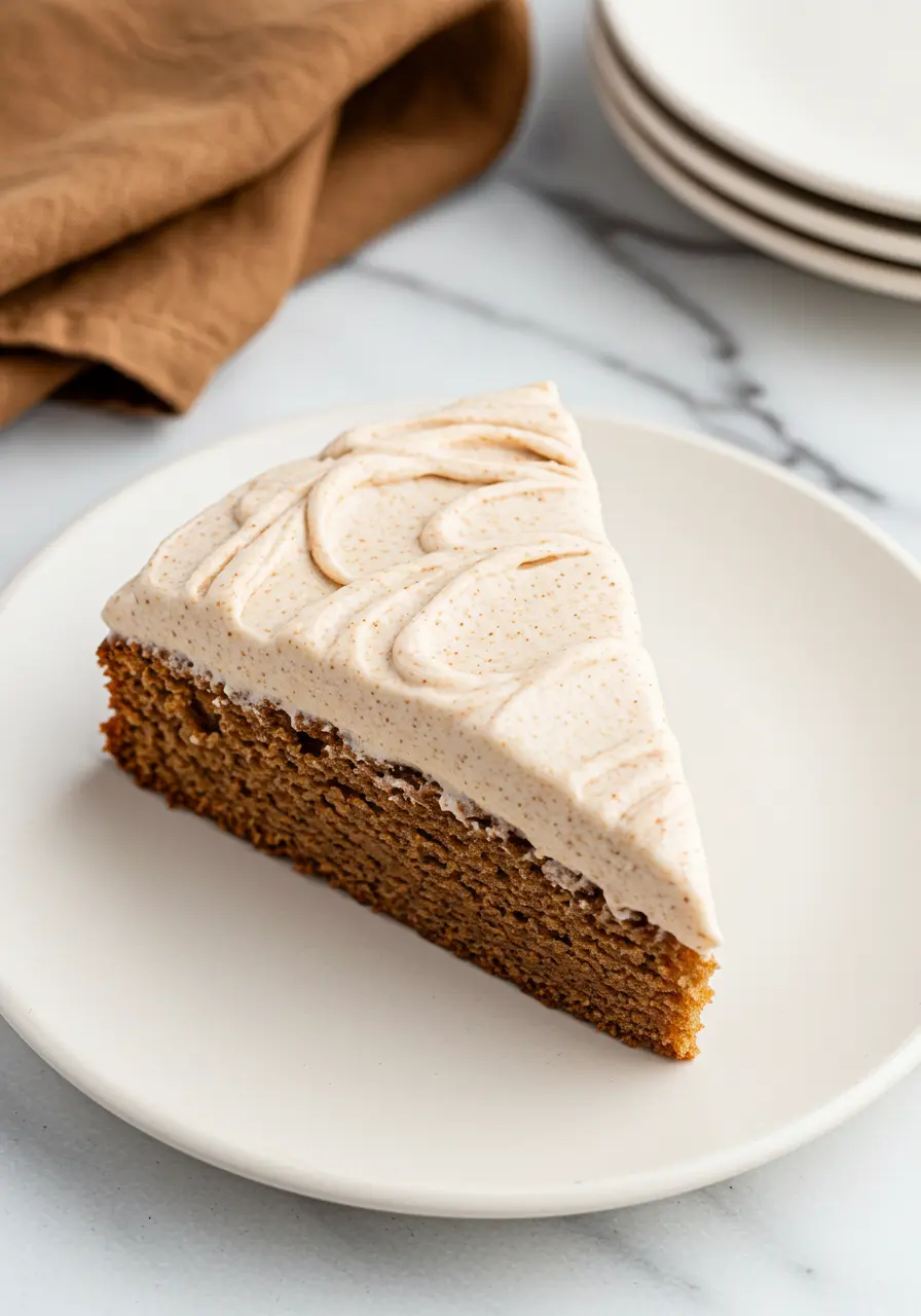 Slice of chai cake on a white plate.