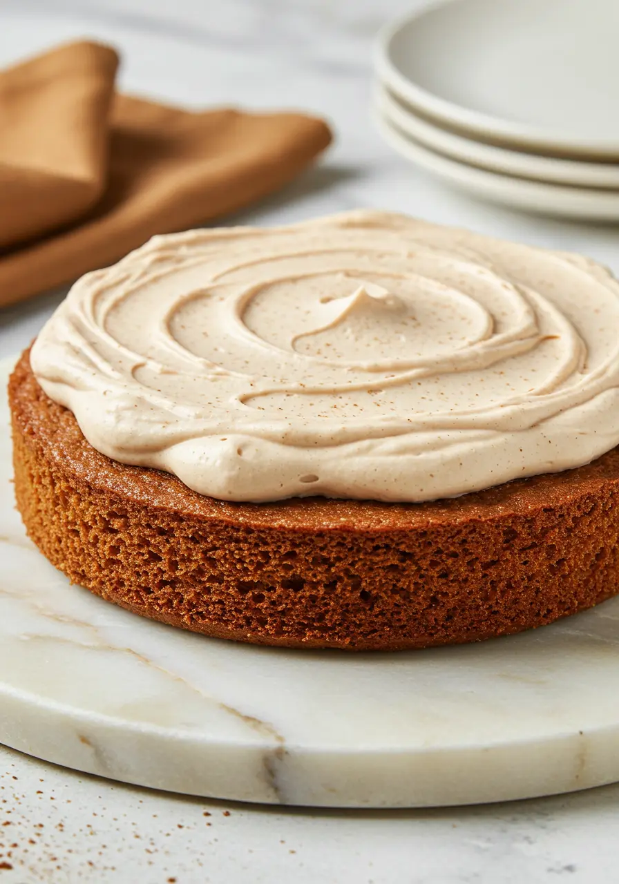 Chai cake with cream cheese frosting on a white marble plate.