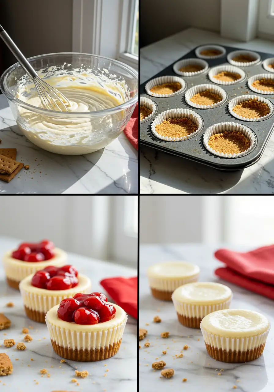 The steps of making cheesecake cupcakes.
