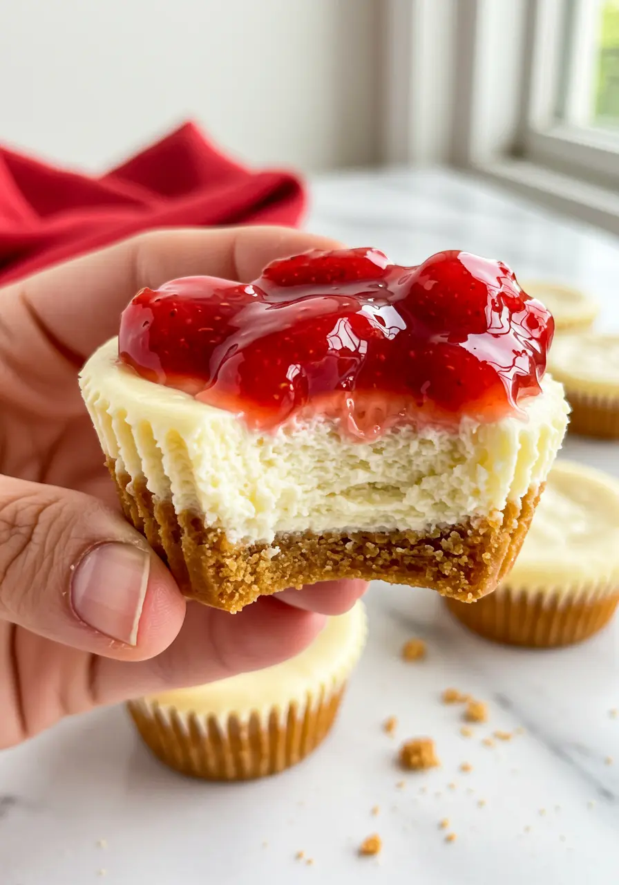A hand holding a cheesecake cupcake with a bite taken out of it.