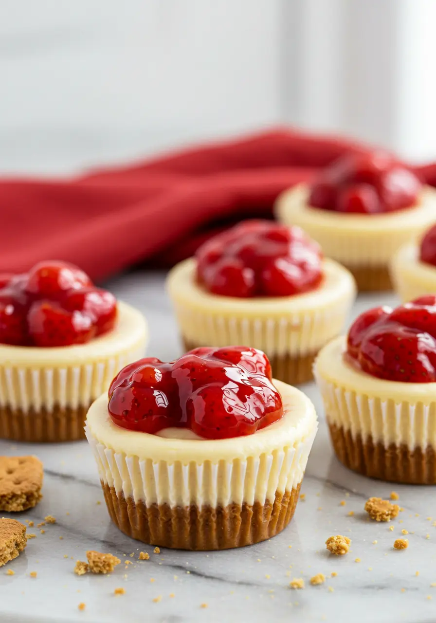 Cheesecake cupcakes on a white marble surface and a red napkin in the background.