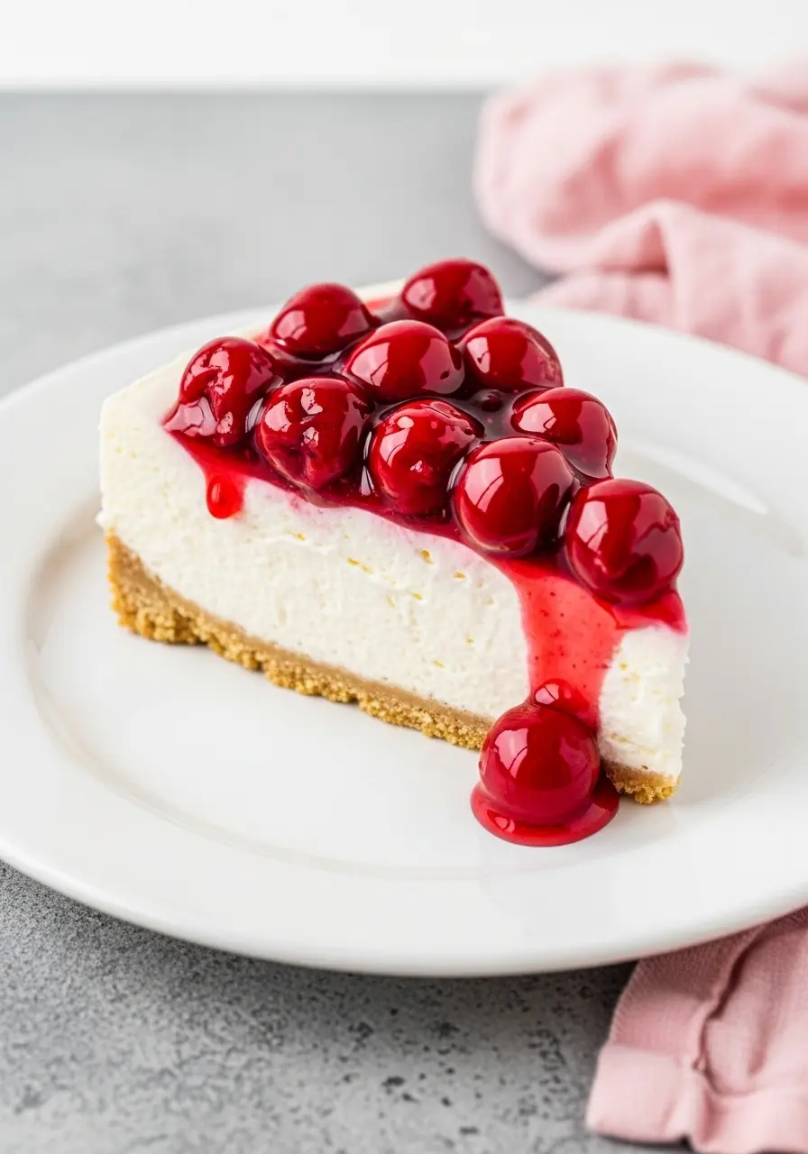A slice of cherry cheesecake on a white.