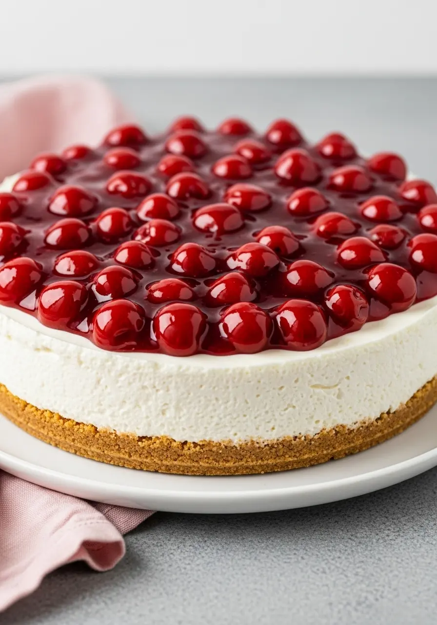Cherry cheesecake on a big white plate.