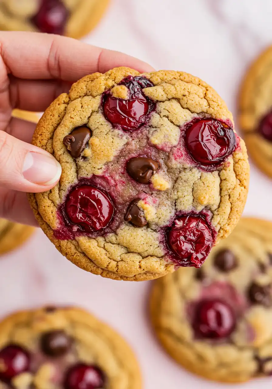 A hand holding a cherry cookie.