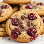 Cherry cookies placed on a white plate against a pink surface.