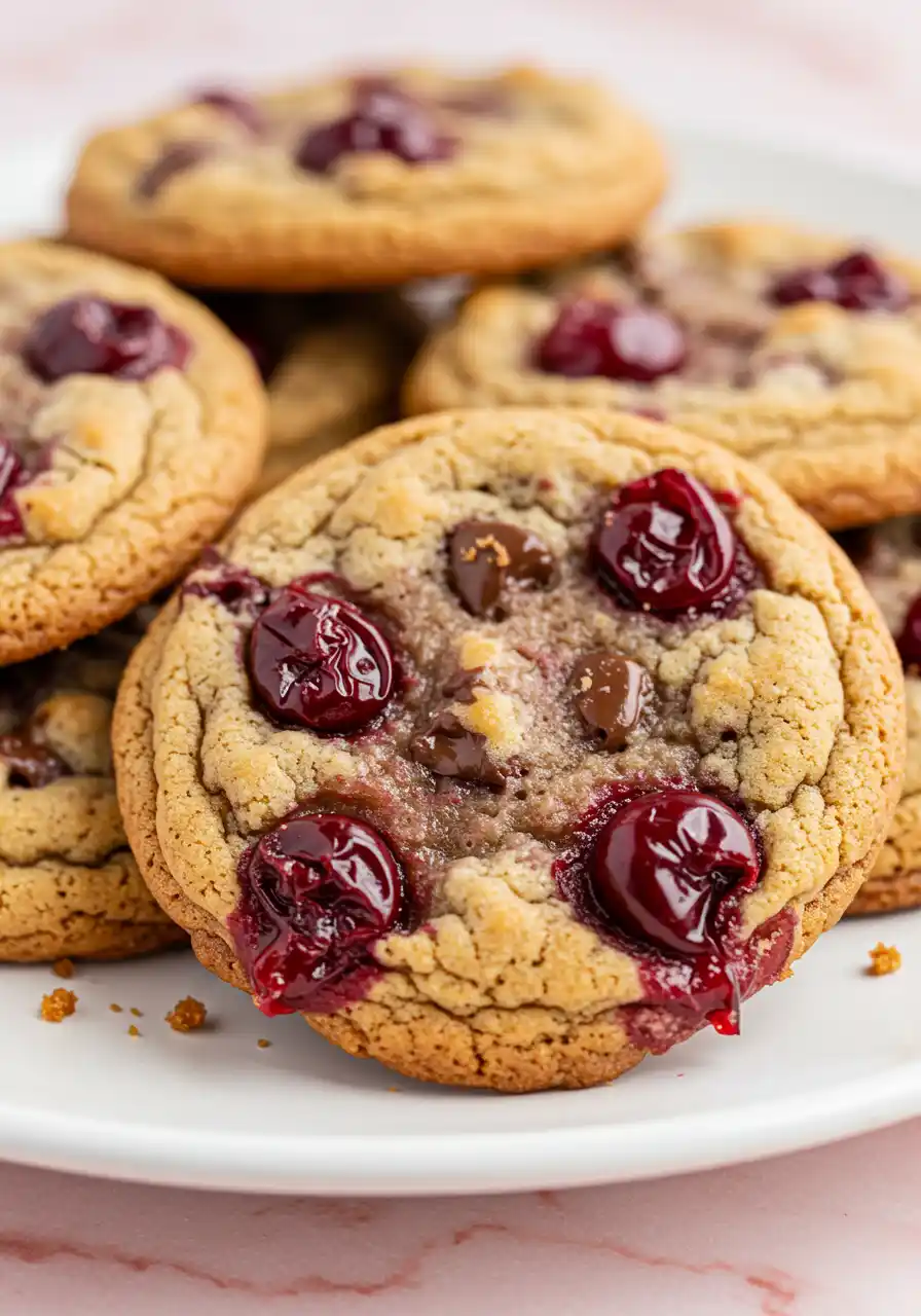 Cherry cookies placed on a white plate against a pink surface.