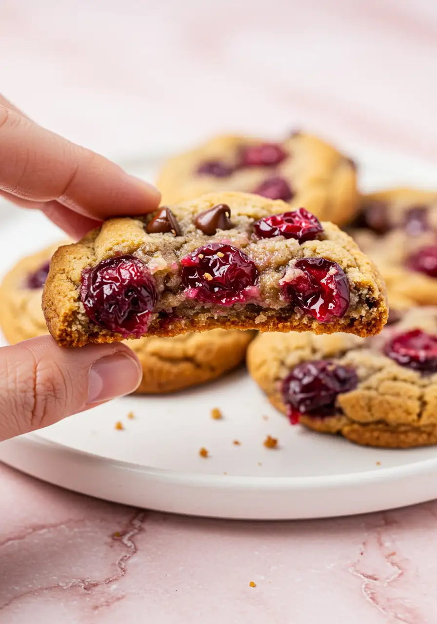 A hand holding a cherry cookie with a bite taken out of it.