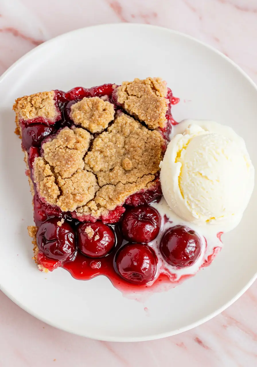 A slice of cherry dump cake on a white plate with a scoop of vanilla ice cream.