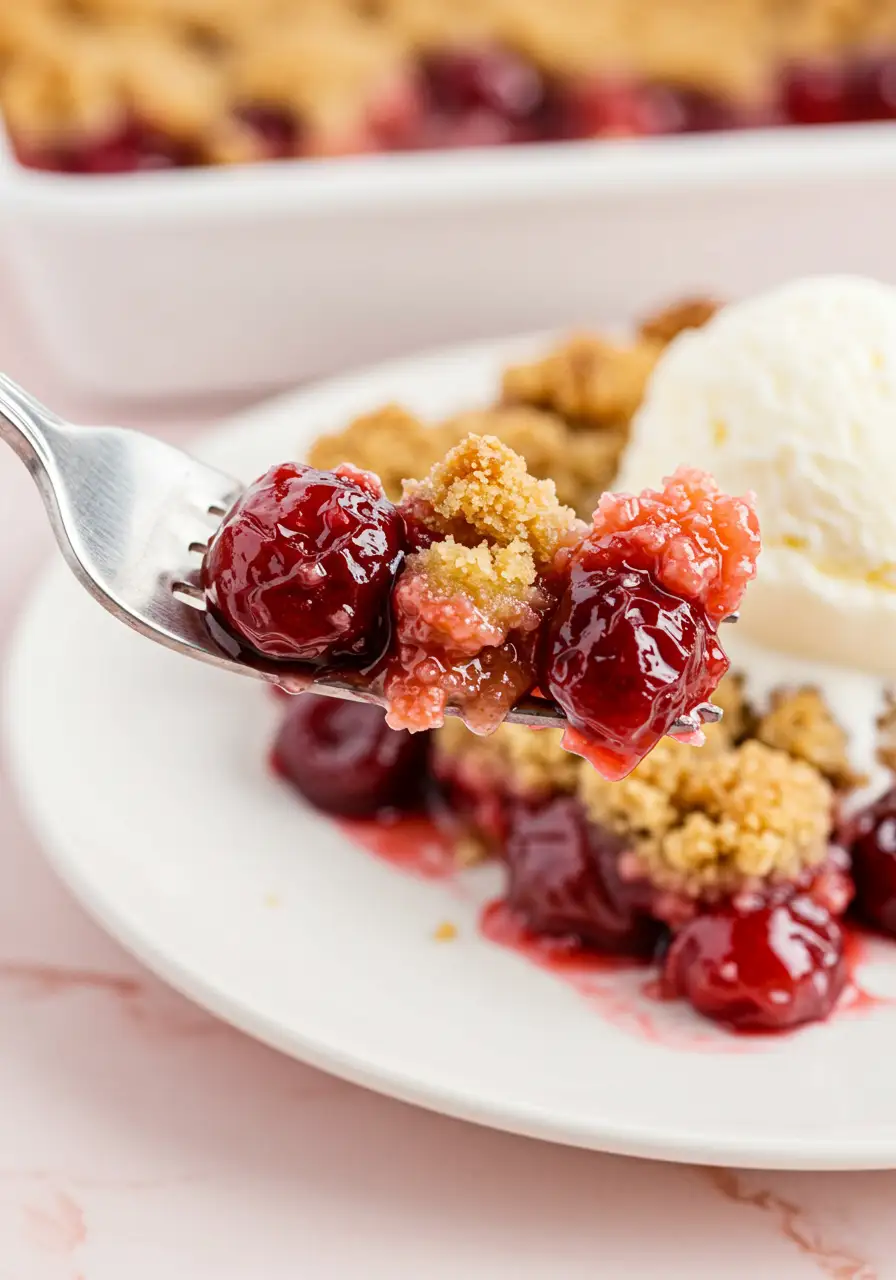 A fork holding a serving of cherry dump cake.