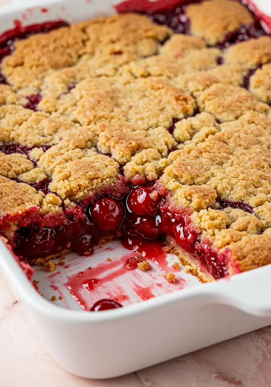 Cherry dump cake on a white pan with a slice missing.