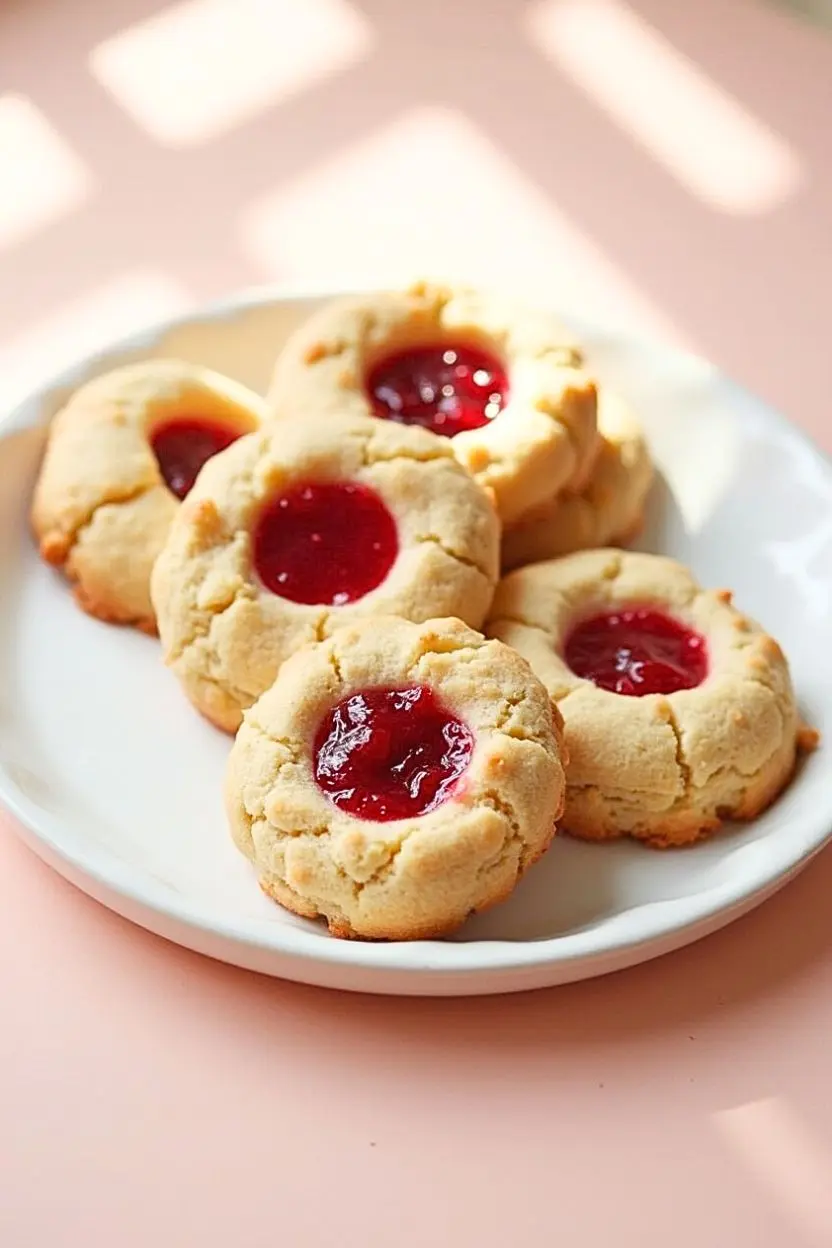 Chestnut Flour Thumbprint Cookies arranged on a white plate, illuminated by sunlight streaming through a window.