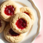 Chestnut Flour Thumbprint Cookies on a white plate against a light pink surface.
