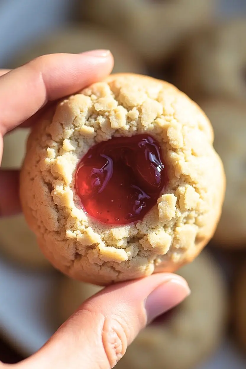 A hand is gently holding one Thumbprint Cookie.