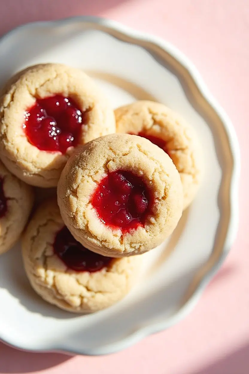 Chestnut Flour Thumbprint Cookies on a white plate against a light pink surface.
