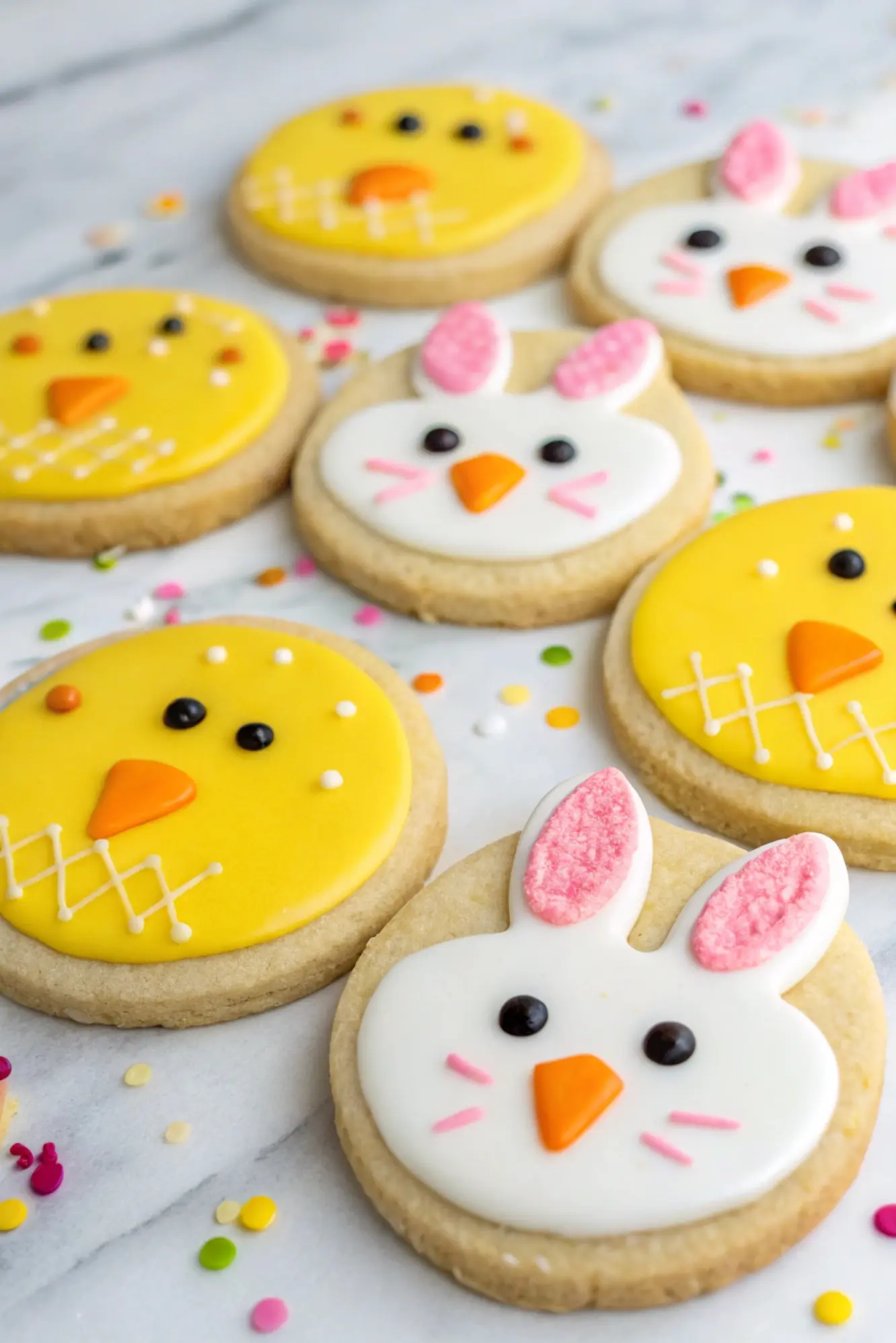 Chick & Bunny Faces Easter Sugar Cookies, some are yellow and some are white.