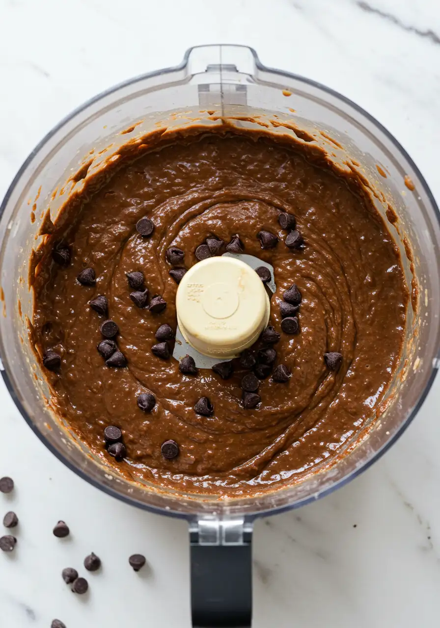 Chickpea brownie batter in a food processor.