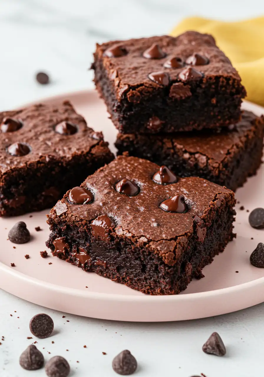 Chickpea brownies on a light pink plate against a white marble surface.