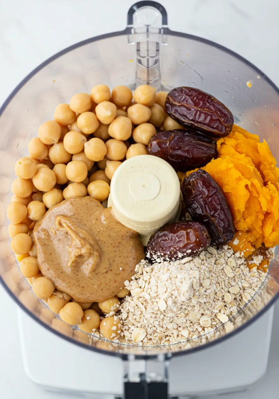 The ingredients of chickpea cookie dough in a food possessor.