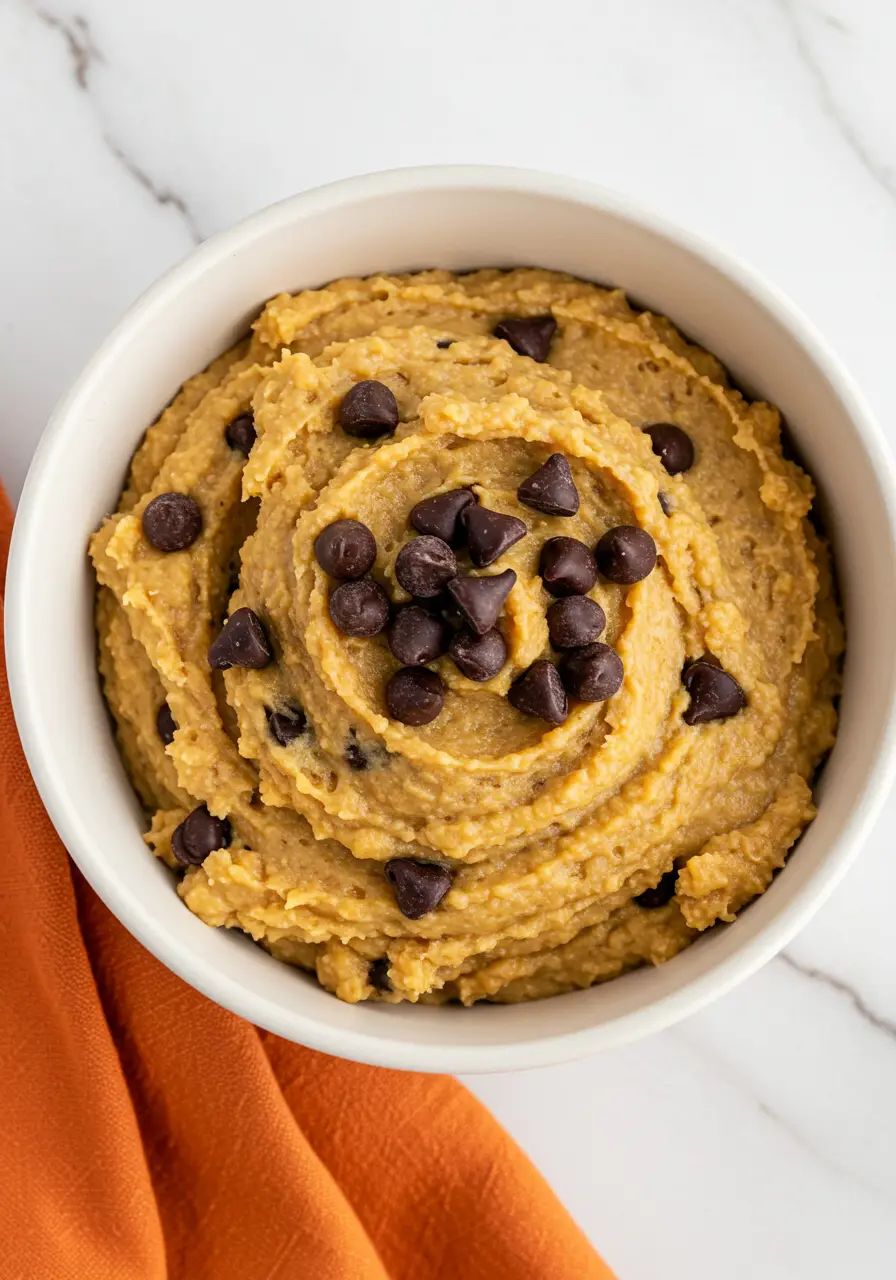 Chickpea cookie dough in a white bowl.