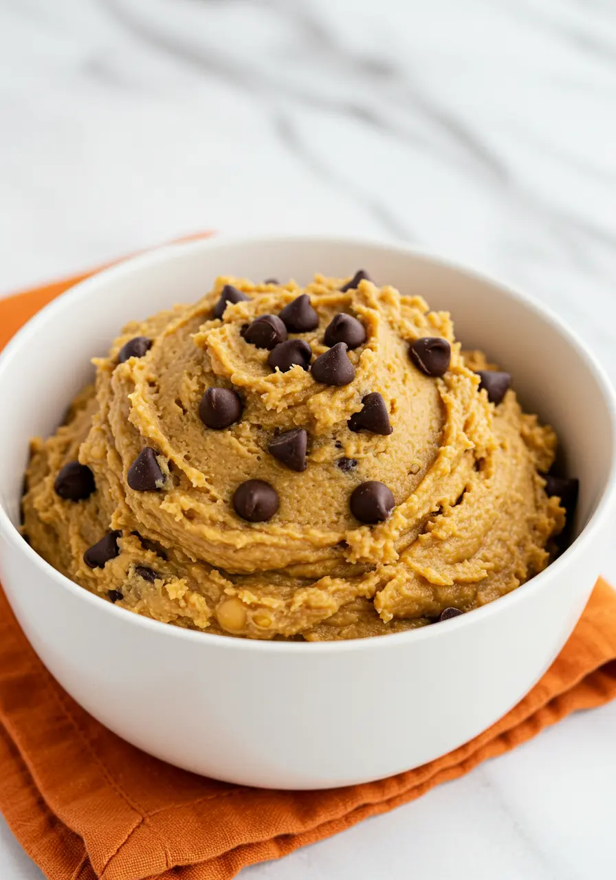 Chickpea cookie dough in a white bowl and an orange napkin under the bowl.