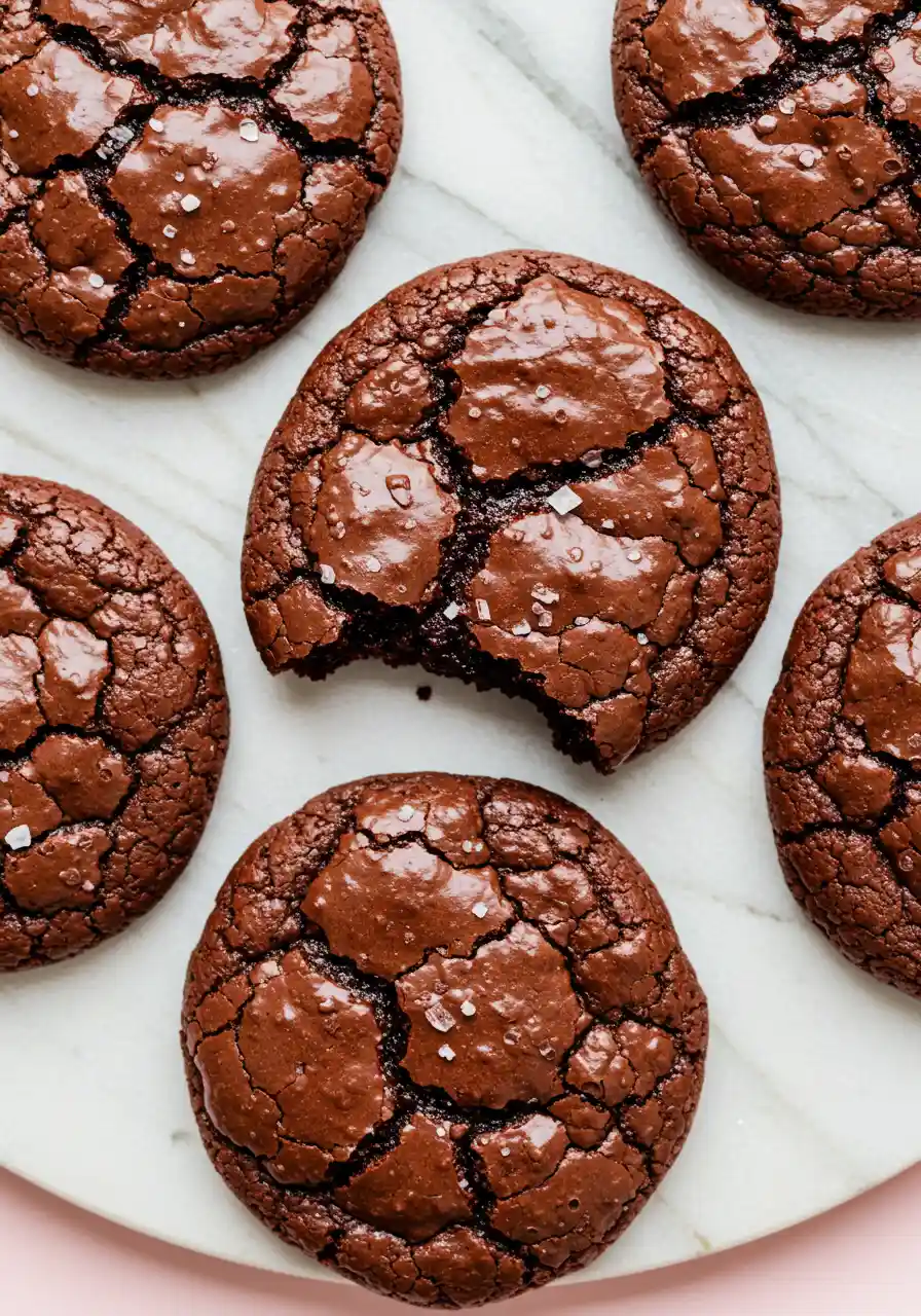 Chocolate brownie cookies on a white marble plate against a light pink surface.