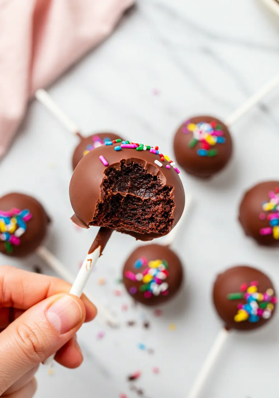 A hand holding a chocolate cake pop  with a bite taken out of it.