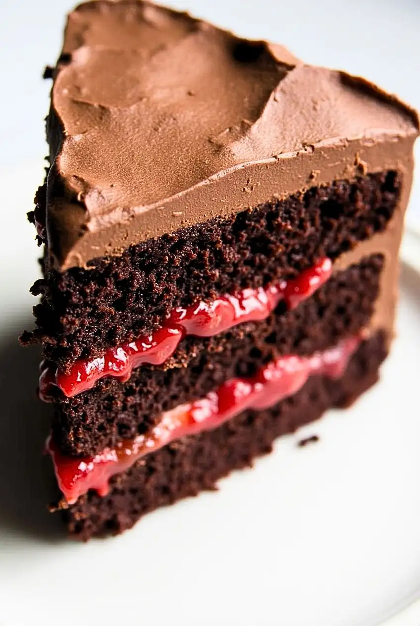 A slice of Chocolate Cake with Strawberries sits on a white plate.