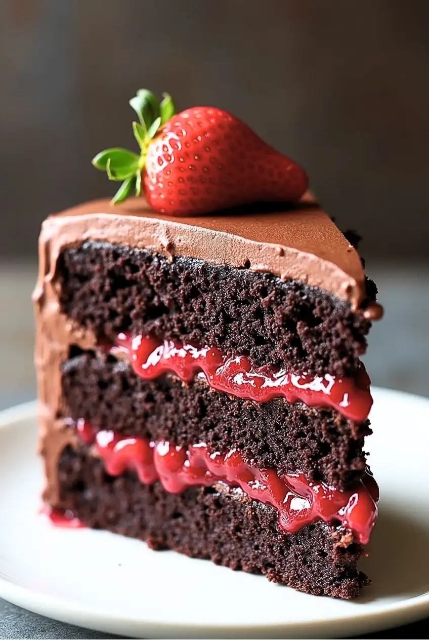 A slice of Chocolate Cake with Strawberries sits on a white plate, adorned with a single strawberry on top.