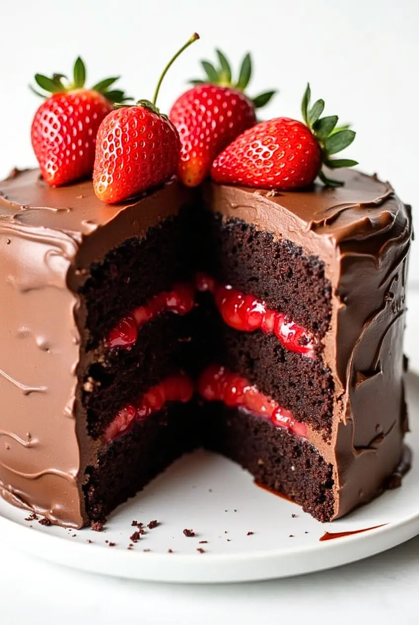 Chocolate Cake with Strawberries with a slice taken out of it topped with fresh strawberries.
