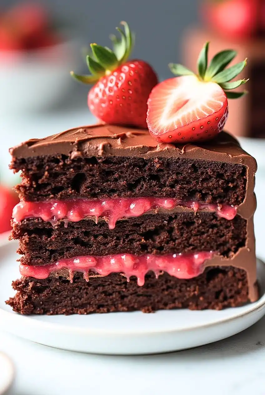 A three layer slice of Chocolate Cake with Strawberries sits on a white plate