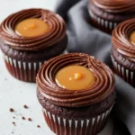 Chocolate caramel cupcakes and a black napkin next to them.