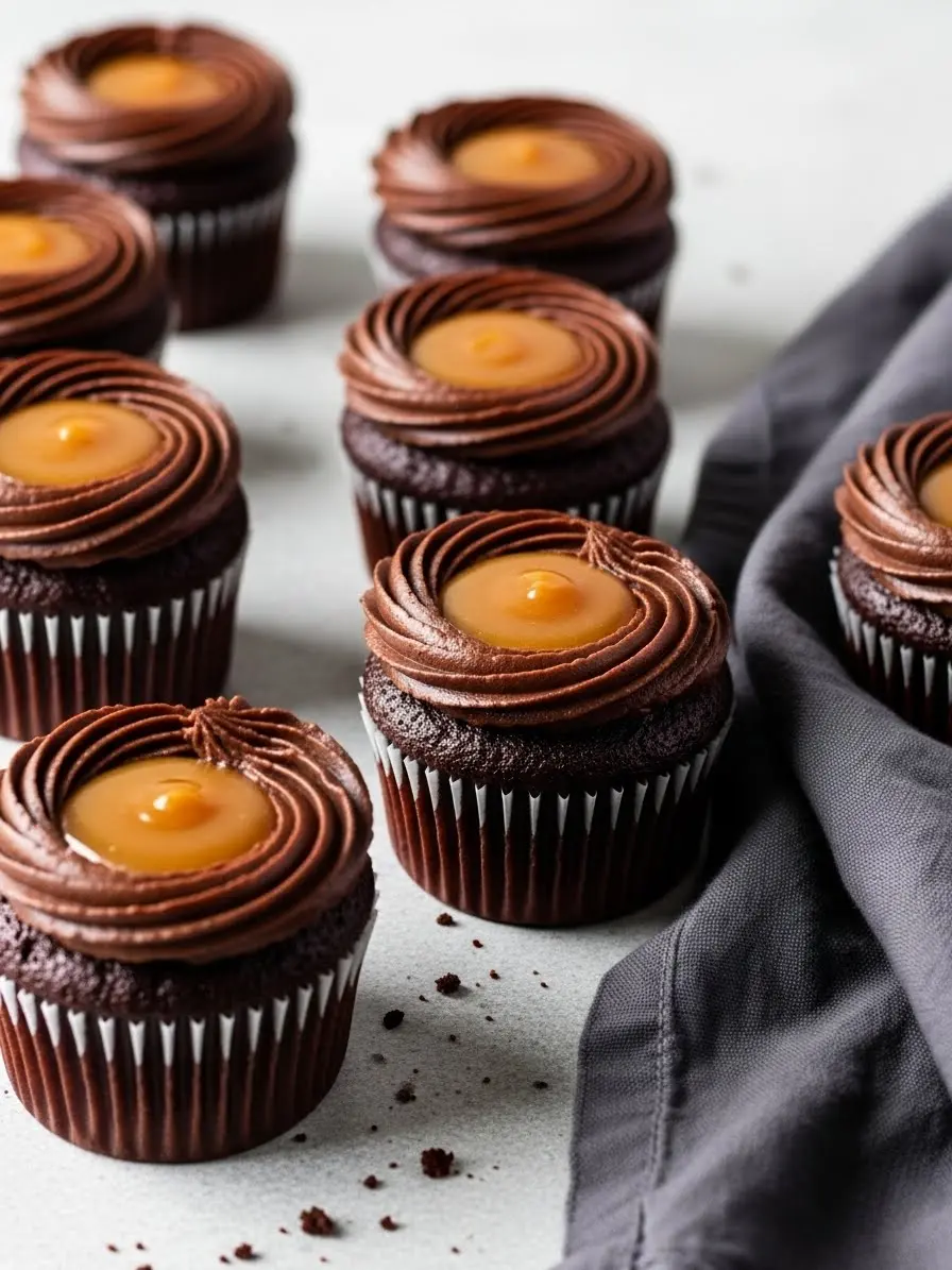 Chocolate caramel cupcakes on a light gray surface.
