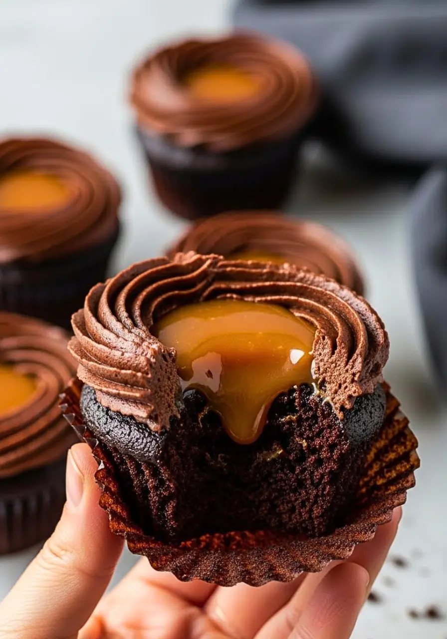 A hand holding a chocolate caramel cupcake with a big missing.