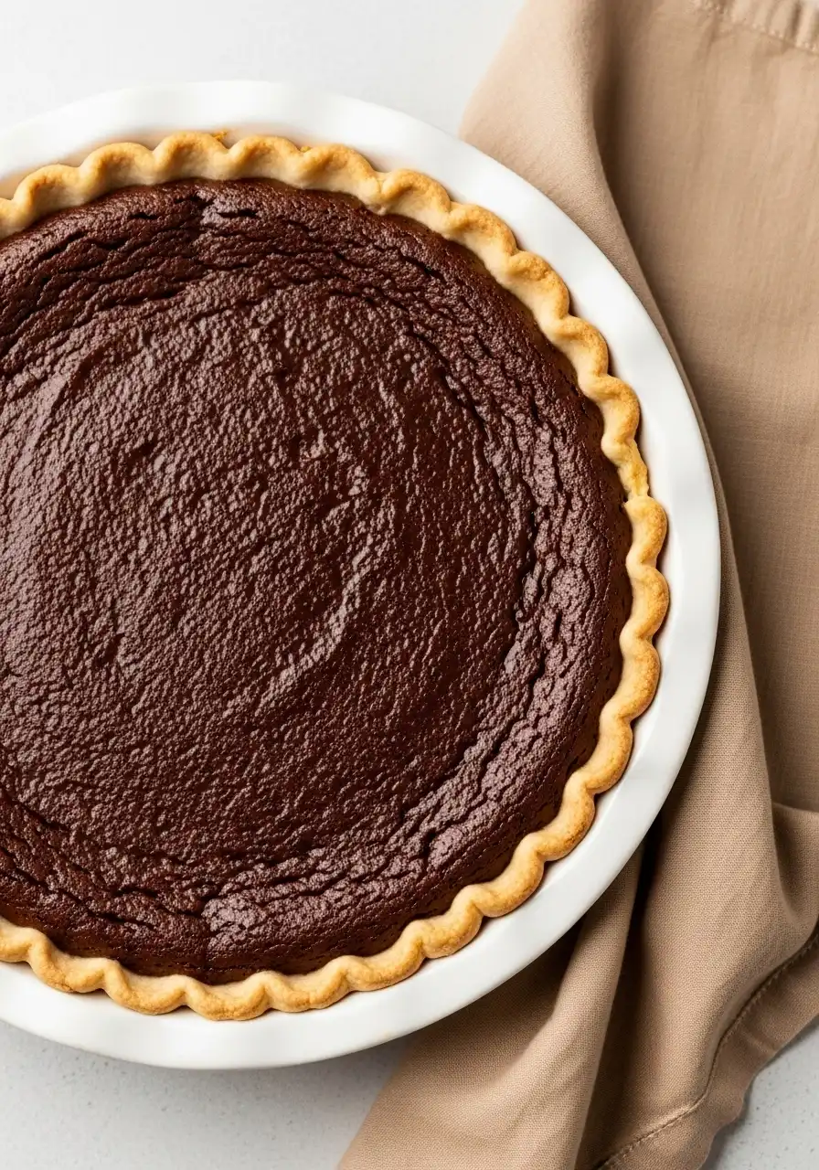 Chocolate chess pie in a white pie dish.